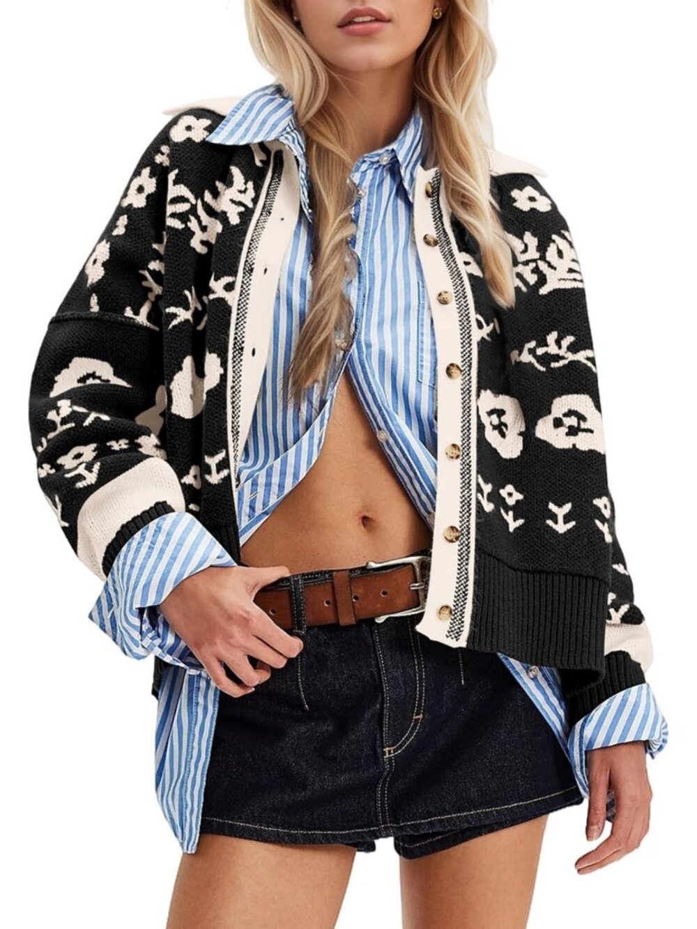 Floral Print Button Down Cardigan Sweater for Women - Long Sleeve V Neck Crop